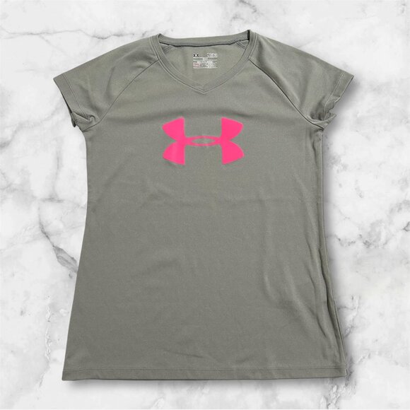 🍂Under Armour Youth Girl Short Sleeve Gray Loose Fit T-shirt Pink Size YLG - Picture 3 of 5